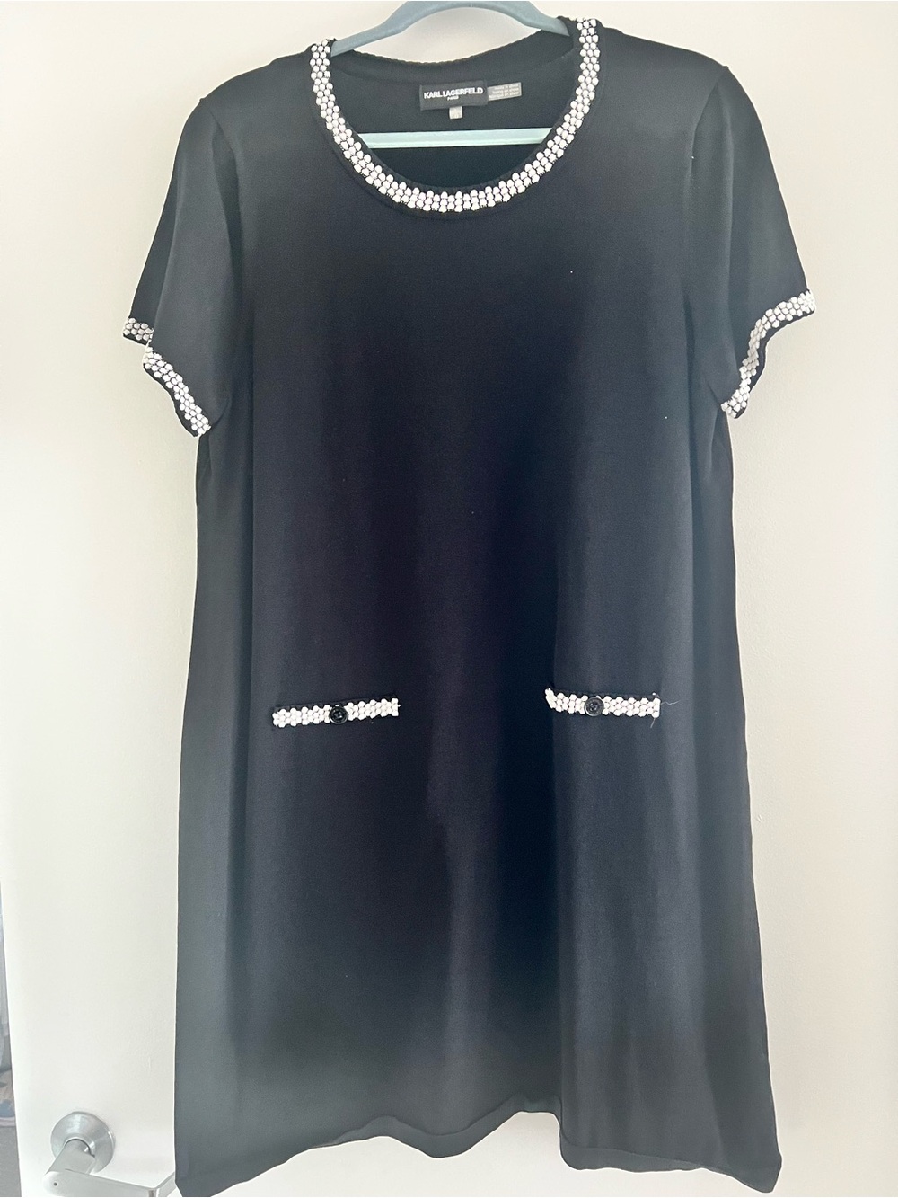 Karl Lagerfeld Black Shift Dress with Pearl Trim